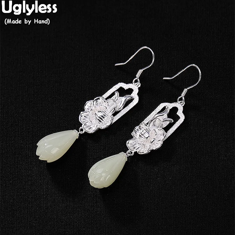 

Uglyless 100% Real 925 Sterling Silver Handmade Flower Earrings Natural Jade Magnolia Floral Fine Jewelry Ethnic Brincos Bijoux