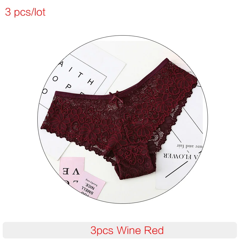3pcs WINE RED BEFORW, 3 шт., сексуальные кружевные трусики, женское модное нижнее белье, соблазнительные Красивые трусы, высокое качество, хлопок, низкая талия, женское нижнее белье - Цвет: 3pcs WINE RED