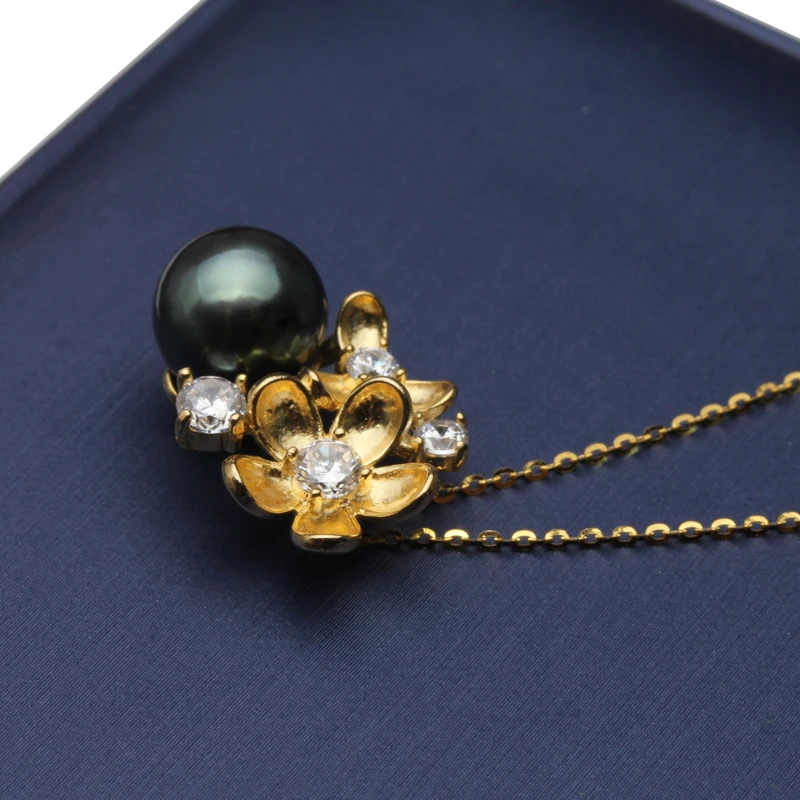 Perfect Round Natural Black Pearl Pendant Necklace For Women 925 Sterling Silver Chain Tahiti Pendants Wedding | Украшения и