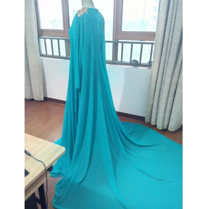 Бирюзовое платье с длинным рукавом мусульманское вечернее модель 2018 украшение