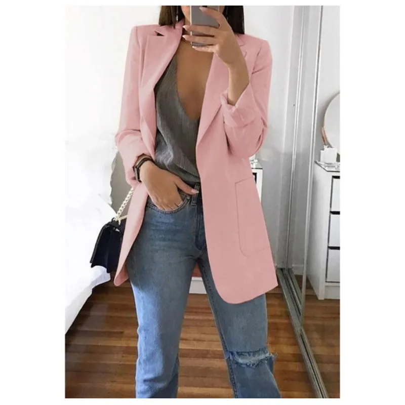 Autumn Office lady Long Slim Blazers Suit Women white Notched Blazer Coat Casual elegant long sleeve Female Business suit - Цвет: pink