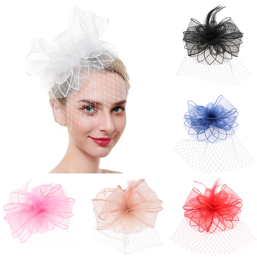 

Elegant Women Flower Net Fascinator Side Hairclip Cocktail Wedding Party Headband Feather Headpiece