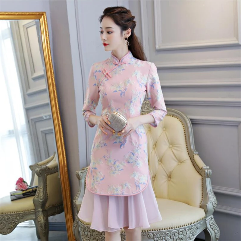 2019 Ретро Женская Китайская cheongsam Улучшенная Роскошная жаккардовая традиционная