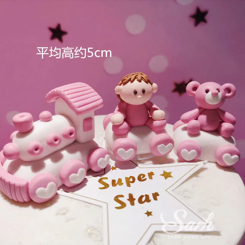 Bear baby train pink Инс Медведь Кролик поезд украшение с днем рождения ветряная мельница торт Топпер для детской вечеринки Кролик Детские принадлежности для выпечки сладкие подарки - Цвет: Bear baby train pink