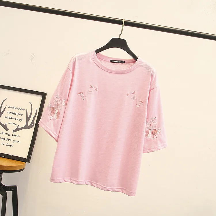 Женские футболки с вышивкой размера плюс короткая летняя белая черная хлопковая