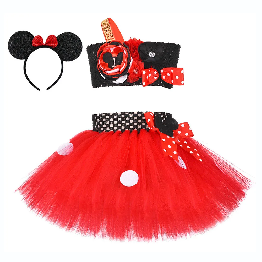Red Minnie Dress Set Микки Мышь Детские платья для девочек, праздничная одежда для маленьких девочек, рождественское платье, Vestido, платье с Минни Маус и уши повязка на голову "Минни" - Цвет: Red Minnie Dress Set