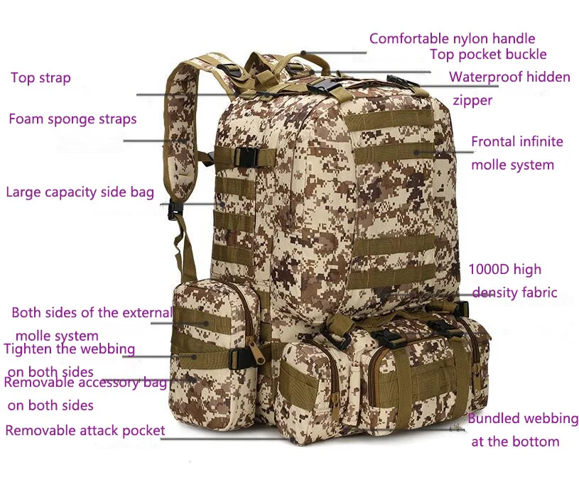55L Men's Travel Backpack Oxford cloth outdoor backpack army camouflage tactical backpack mountaineering combination backpack