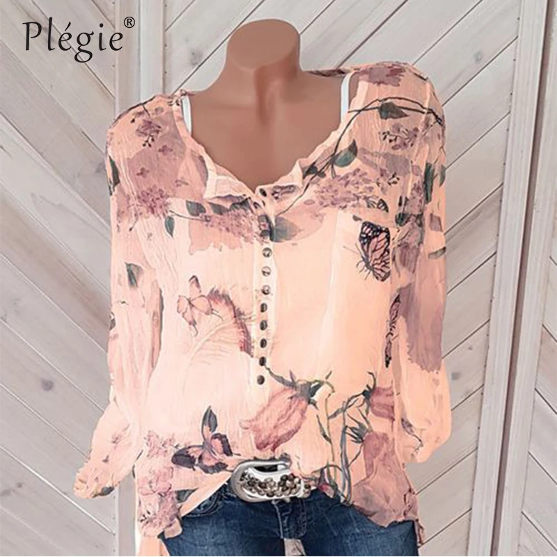 Plegie Цветочный принт блузка Для женщин 5XL размера плюс Summet Топ с длинным рукавом