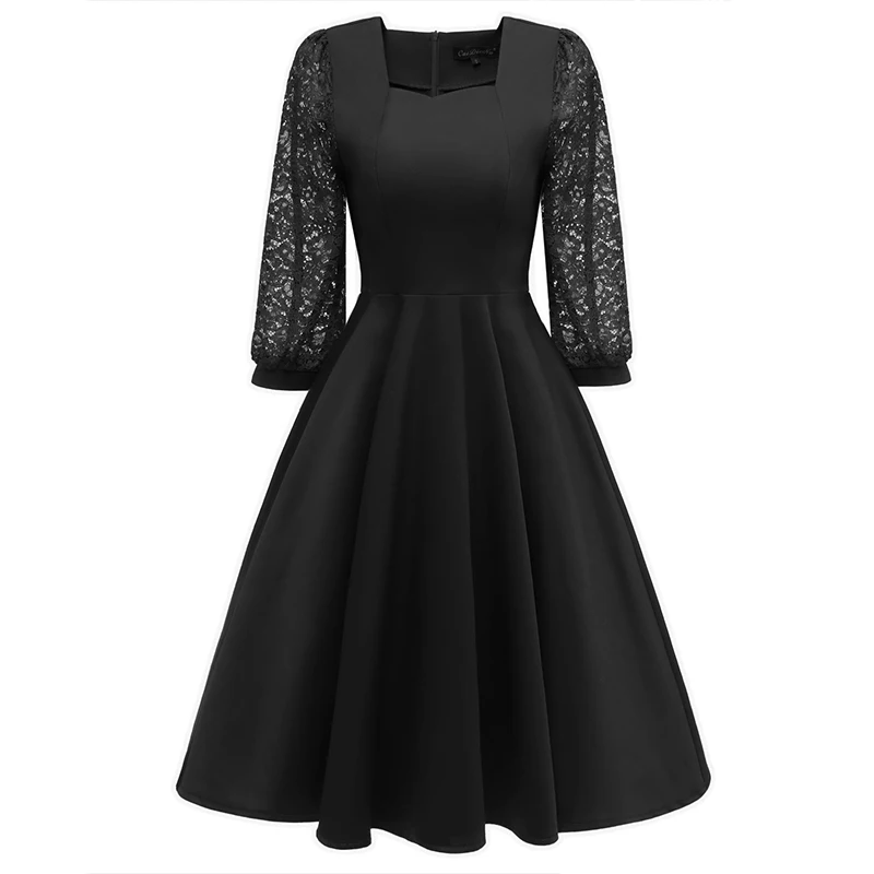 2018 Мода Bubble Sleeve Swing Dress бордовый темно-черный v-образным вырезом рокабилли Ретро Fit