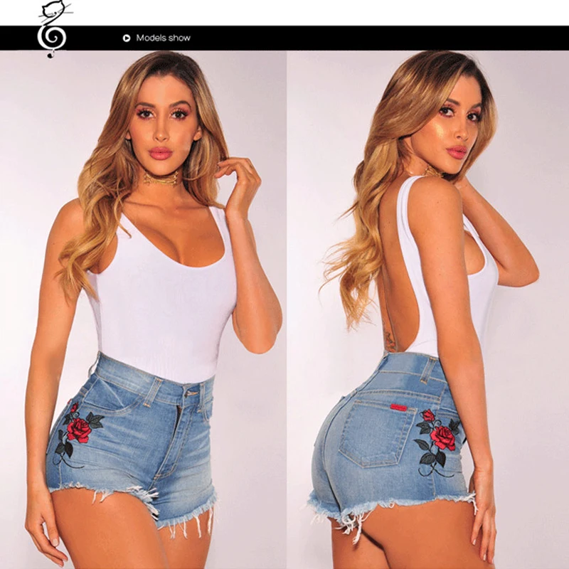 Джинсовые шорты Femme 2019 летние Harajuku винтажные розовые вышитые цветочные джинсовые