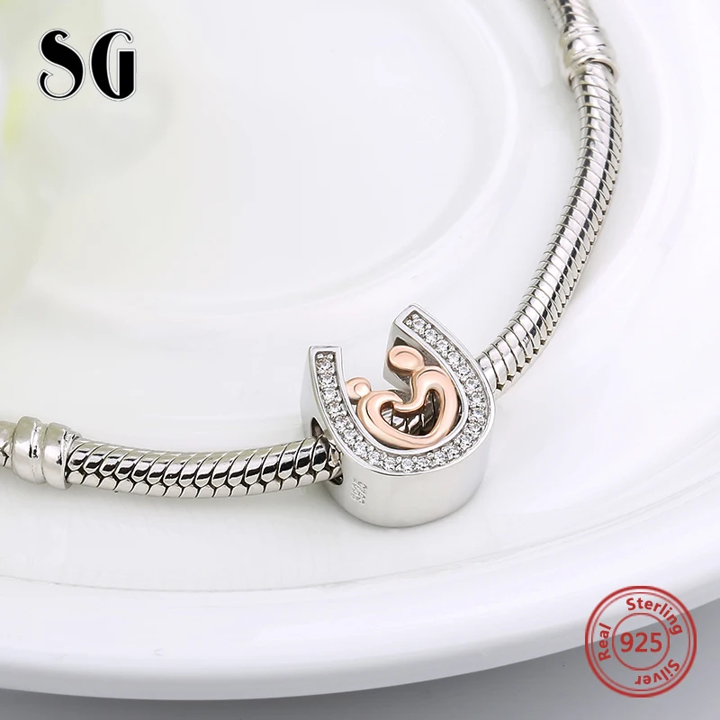 SG 925 Серебро DIY подковы Подвески мама и ребенок руки в бусины ручной работы с CZ подходят pandora Браслет Модные Ювелирные изделия Подарки
