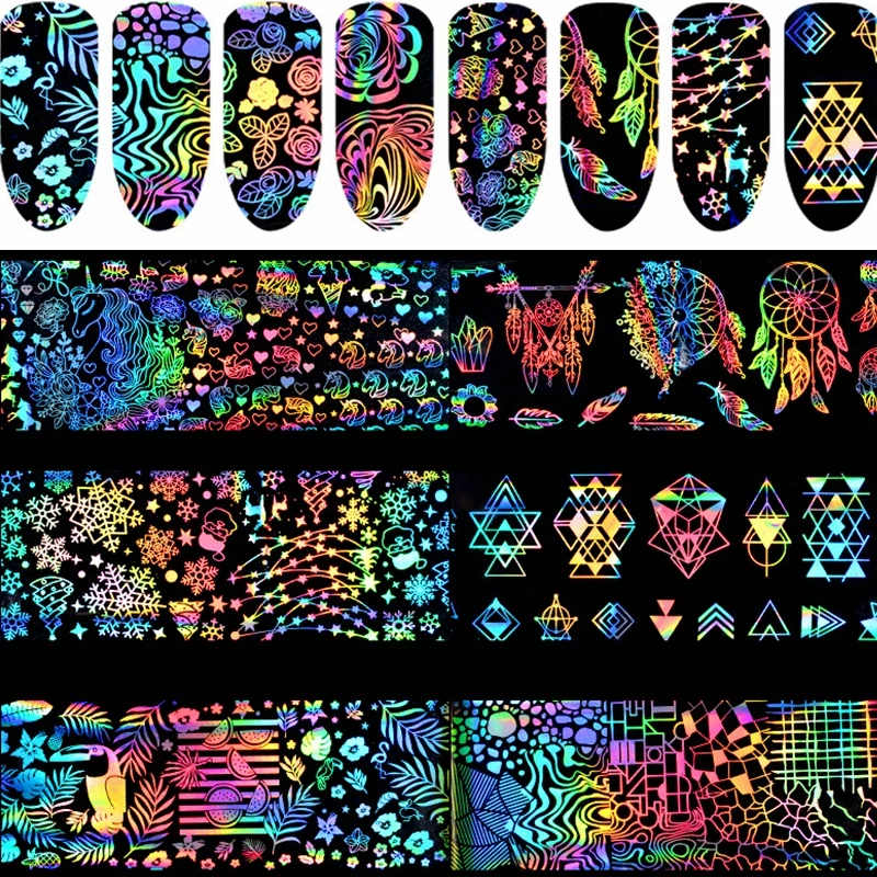 8 sheets Laser Nail Foils Holo Colorful Feather Snow Flower tattoo full Cover Transfer Art Sticker Glue Decals DIY tips set | Красота и