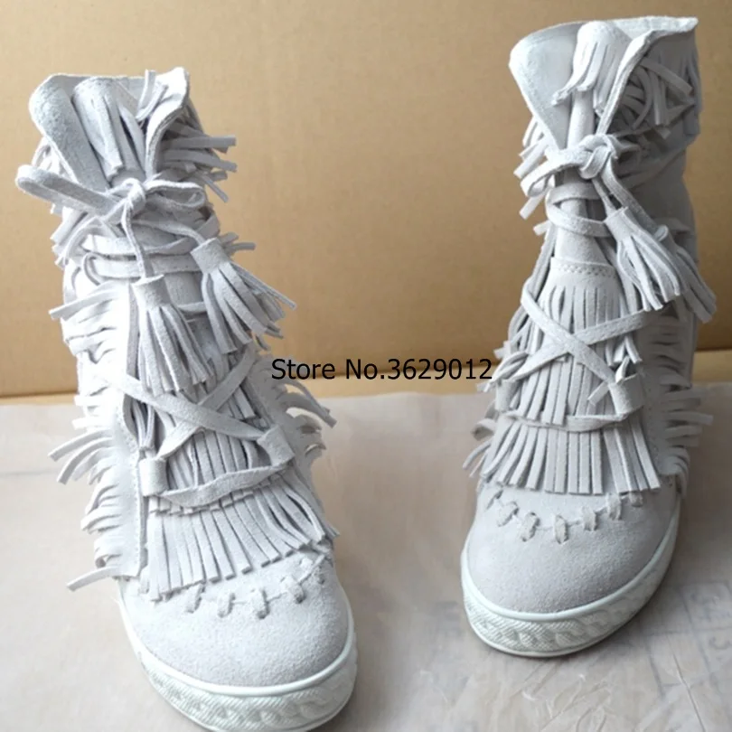 Новинка модные женские ботинки на платформе с бахромой ботильоны женская