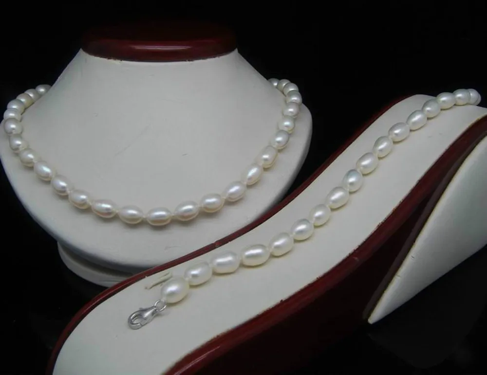 

Nice 8-9mm White Cultured Akoya Rice Pearl Necklace 18'' Bracelet 7.5'' Set