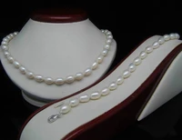 nice 8 9mm white cultured akoya rice pearl necklace 18 bracelet 7 5 set