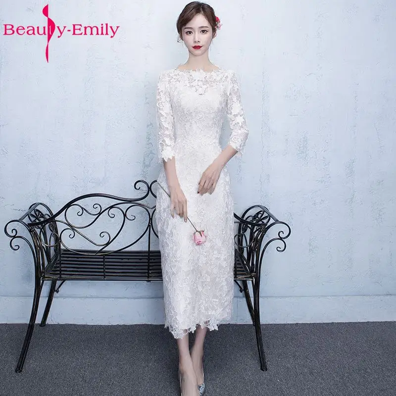 Beauty-Emily белый чай Длина Кружева Вечерние платья 2019 o-образным вырезом три четверти