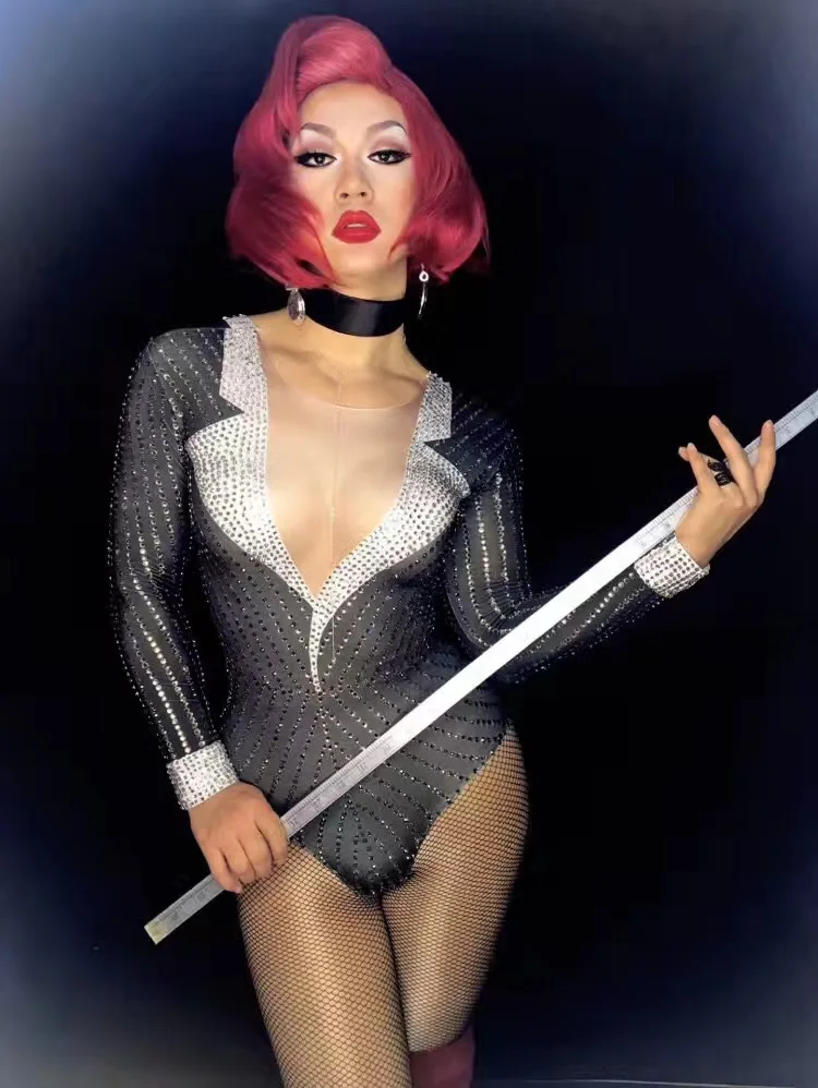 Sexy V-collar Full Diamond Bodysuit Bar nightclub Female DJ Singer DS costumes Stage Pole dancing jazz performance dance suits