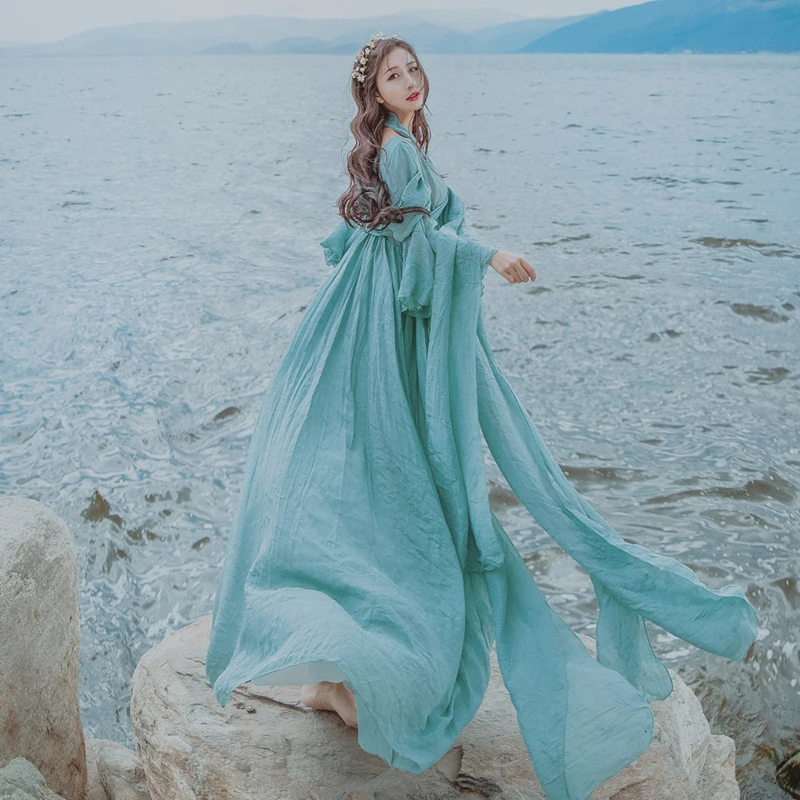 Женские винтажные литературный синий повязки хлопок лен высокой талии платье