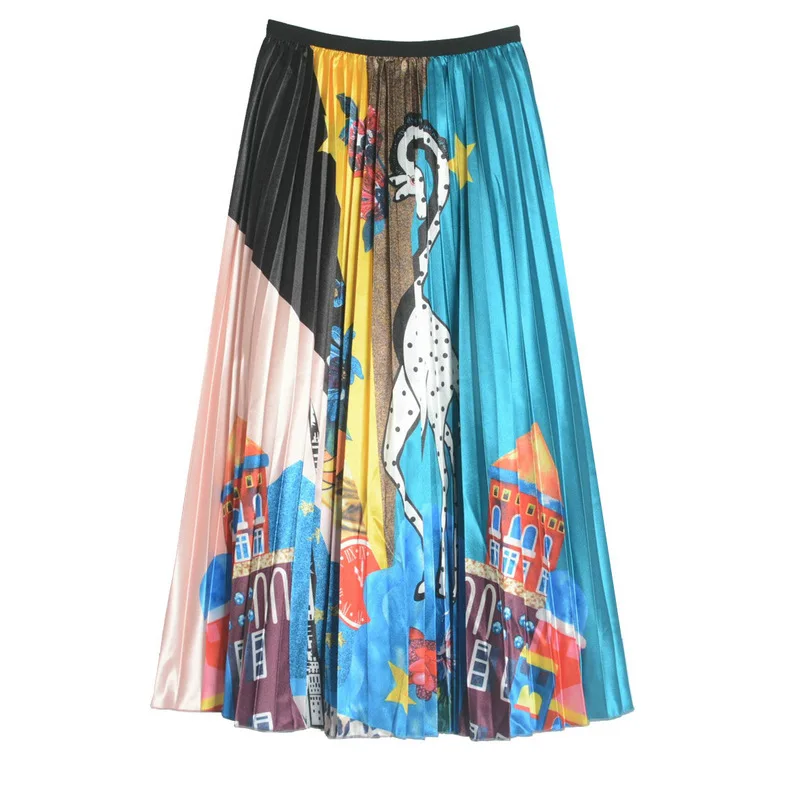 2019 печати Пейзаж Атлас высотой талии Орган косу женские юбки поставил