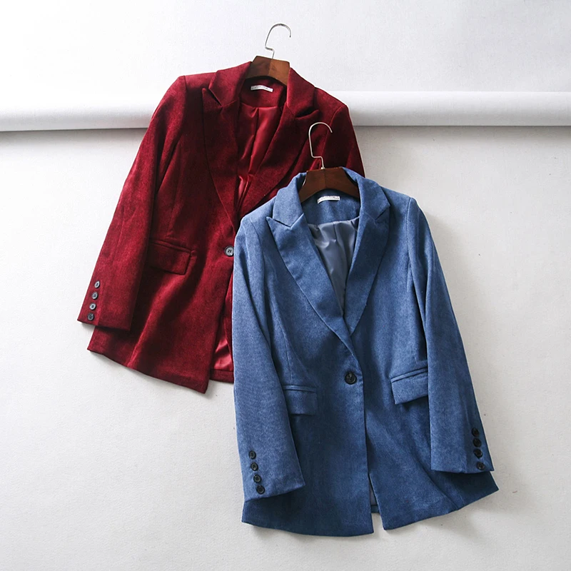 Women Autumn Red Blue Blazers Office Lady Vintage Corduroy Jacket Fashion Single Button Blazer Mujer Coat Clothes | Женская одежда - Фото №1