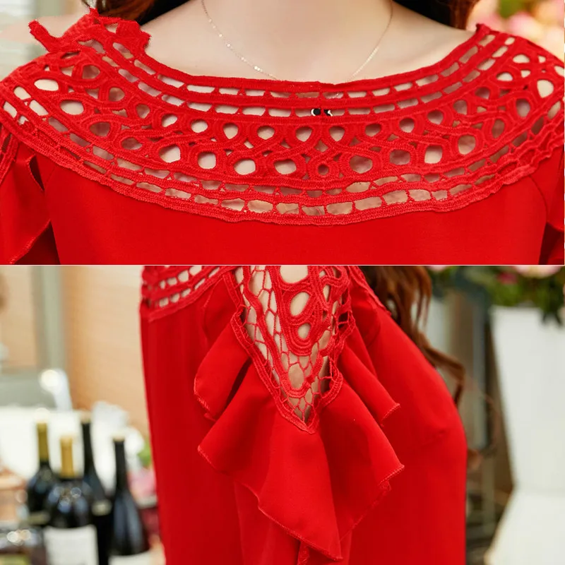 

Women Summer Short Sleeve Ruffles Blouses Shirts Solid Casual Hollow Out Chiffon Tops Blusas Plus Size 3xl Office Shirt