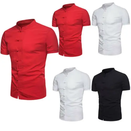 Men Slim Causal Fit Chinese Traditional Style Shirts Short Sleeve Casual shirt Solid Color Stand Neck | Мужская одежда