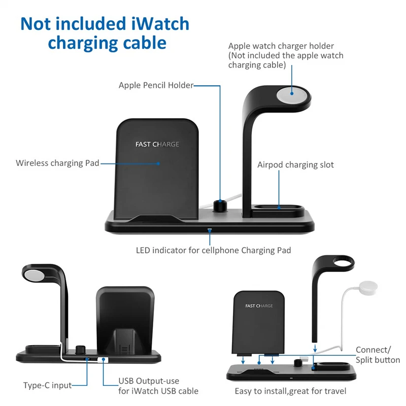 Беспроводное зарядное устройство 3 в 1 для IPhone и Apple Watch/AirPods Pencil 4 2 Qi быстрая