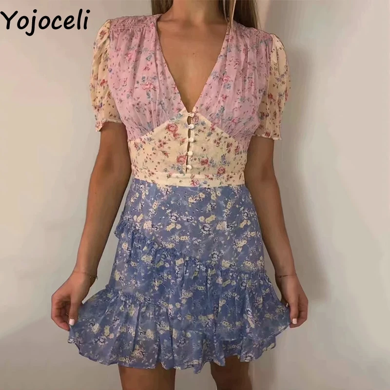 Yojoceli сексуальное Элегантное короткое платье с рюшами и принтом для женщин летнее