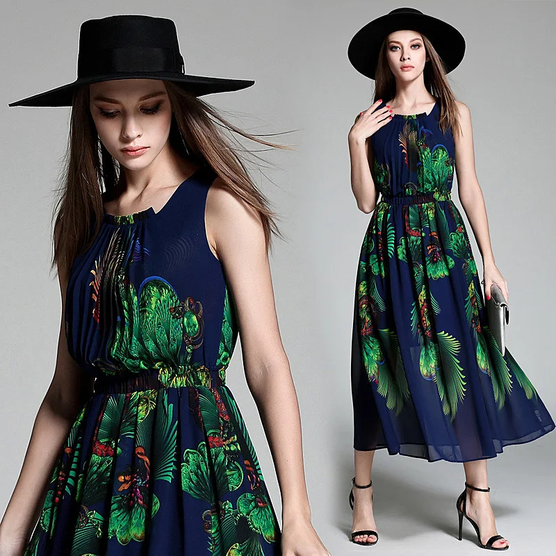 Женская Весна Лето Шифон Dress Рукавов 0-образным Вырезом Темно-синий Печати Sexy Lady