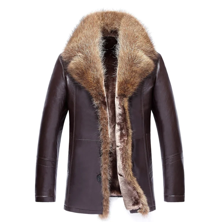 

new arrival Luxury slim large fur collar fur one piece male leather coat medium-long overcoat high quality plus size S-5XL