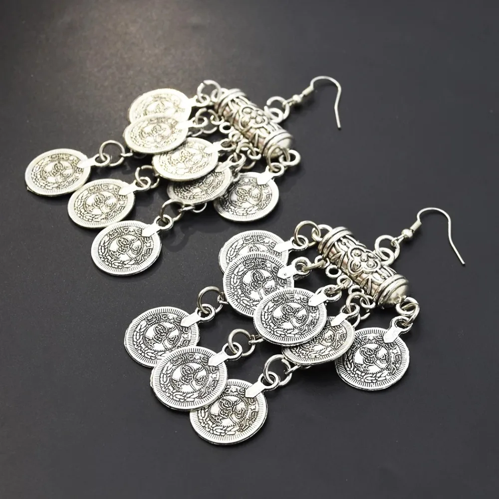 Афганский окисленное серебро Монета этнические сережки в виде капелек Jhumka Индийский Большой длинной кисточкой серьги для Для женщин Винтаж Египет ювелирные украшения в этническом стиле