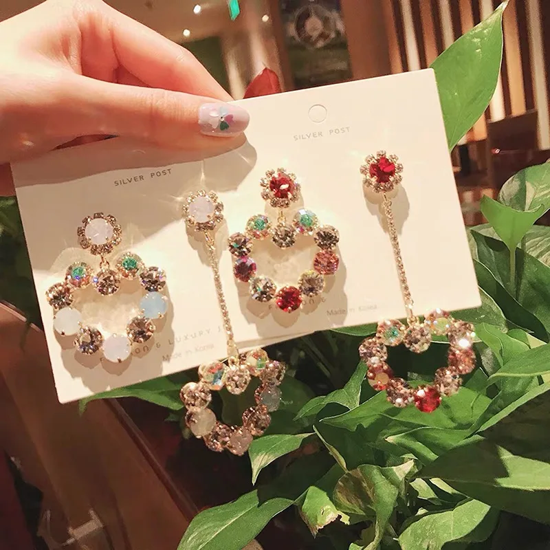 Корейские серьги в форме сердца разноцветные стразы серьги-подвески