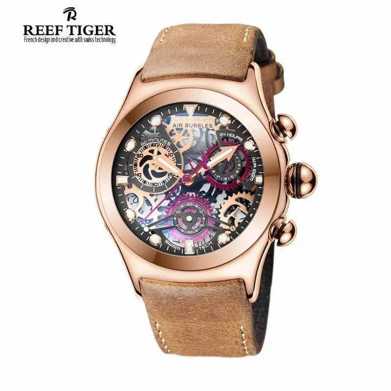 Мужские спортивные часы Reef Tiger кварцевые наручные с хронографом со скелетом