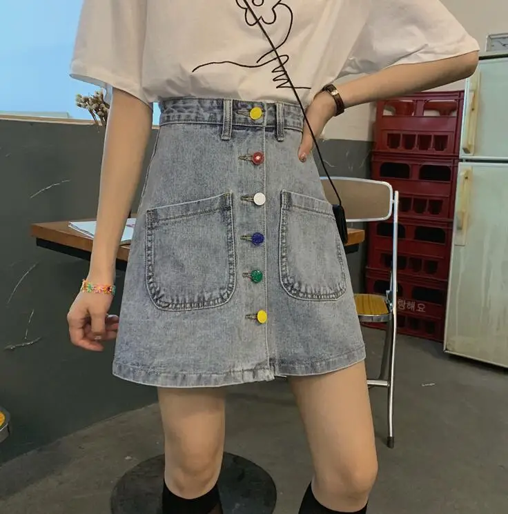 

Summer high waist color button denim skirt women