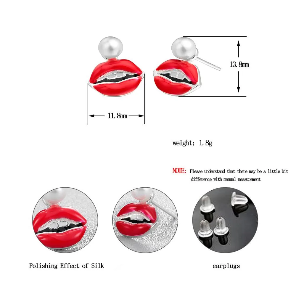 Kinitial Red Enamel Mouth Shape Earring Sexy Lips Simulated Pearl Earrings Female Charming Ear Piercing Jewelry | Украшения и