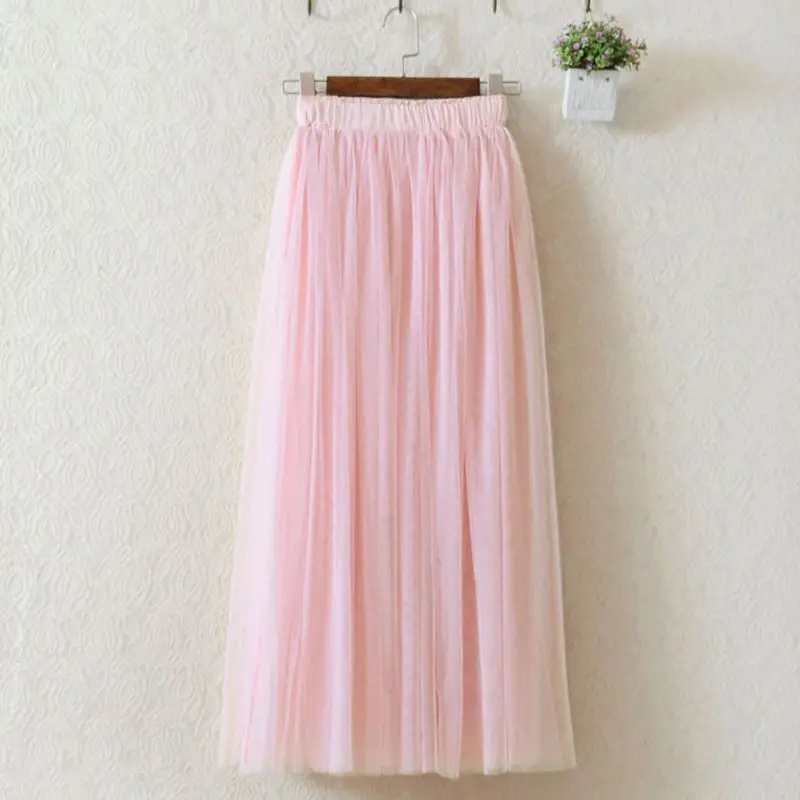 

80CM Womens High Waist Three Layer Sheer Mesh Pleated Tulle Midi Long Tutu Skirt Sweet Solid Candy Color Drape Swing Loose