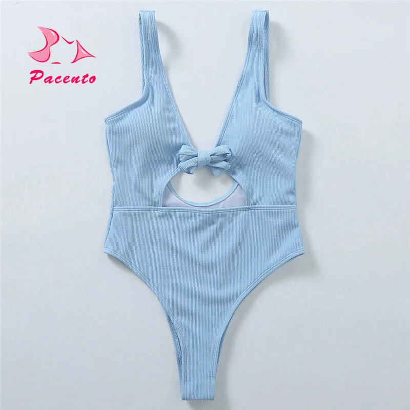Pacento One Piece Swimsuit Women 2018 Summer Beach Solid Pink White Bikinis Mujer Front Tied Bathing Suit Thong Biquini | Спорт и