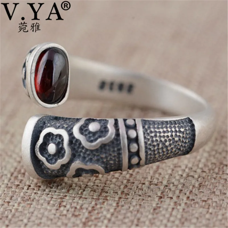 

V.YA Retro Red Garnet Rings 925 Sterling Silver Ring for Women Female Natural Semi-precious Stone Jewelry Birthday Gift