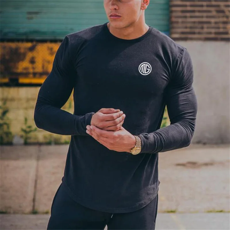 Бренд Muscleguys, модная одежда, одноцветная Приталенная футболка с длинным рукавом, мужская хлопковая Повседневная футболка, спортивная одежда, футболки для спортзала