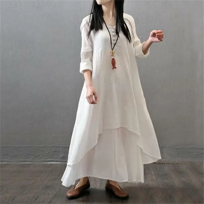 

Women Ethnic Boho Cotton Linen Long Sleeve Maxi Dress Plus Size Blouse Shirt