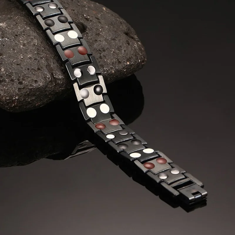 Meaeguet Casual Healthy Energy Bracelet Jewelry For Men Black Stainless Steel Chain Link Magnet Therapy Bracelets 15mm Wide