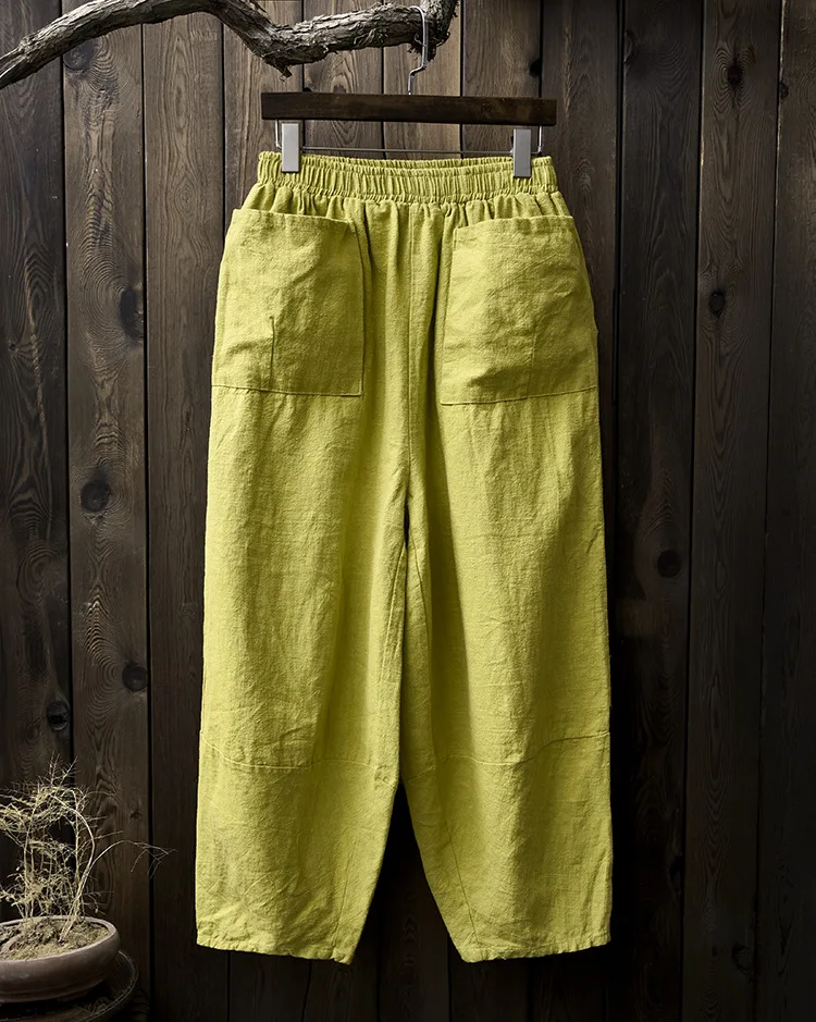 

Spring Summer Original Chinese Style Pure Ramie Solid Color Straight Loose Women Long Pants