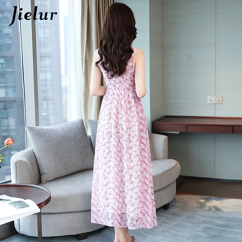 Jielur Boho женское платье с v образным вырезом без рукавов robe Femme розовые шифоновые
