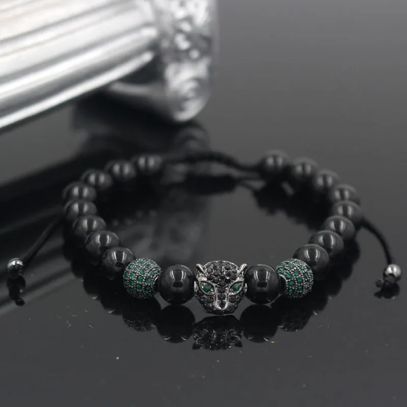 NADEEM Newest Arrival Fashion Men's Micro Pave CZ Leopard Head Charm Braided Macrame Bead Bracelet Adjustable Punk | Украшения и