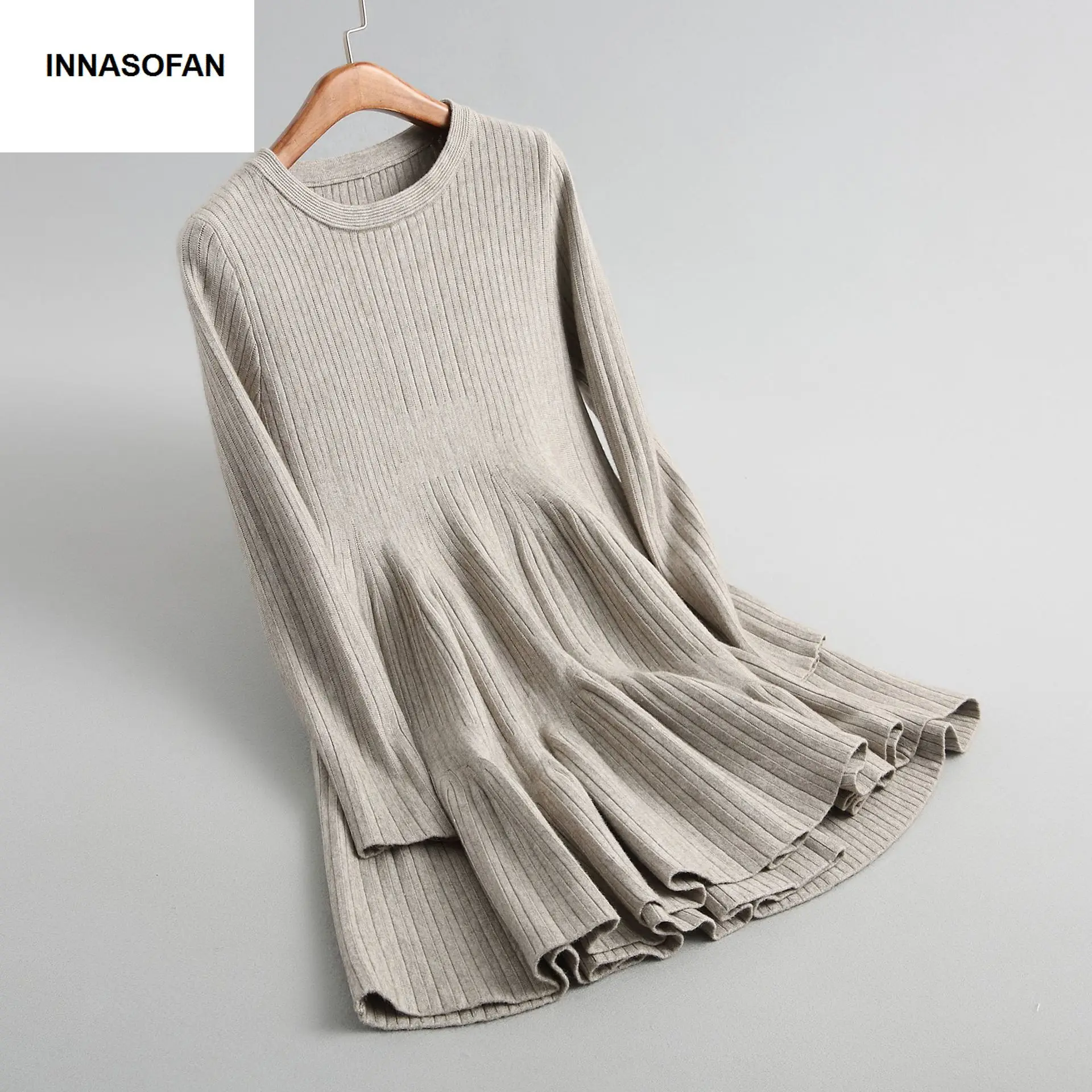 INNASOFAN dressWomen's Autumn-winter knitted mini-dress Euro-American fashion long sweater with flounces and sleeves | Женская