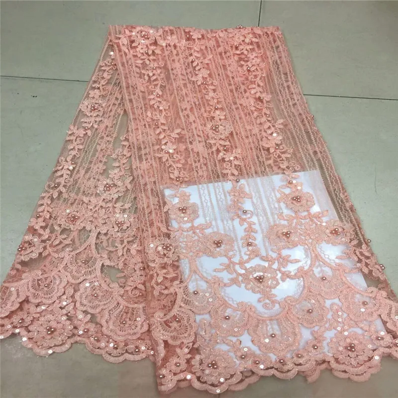 Африканский чистая кружева высокого качества персиковый французский бисером