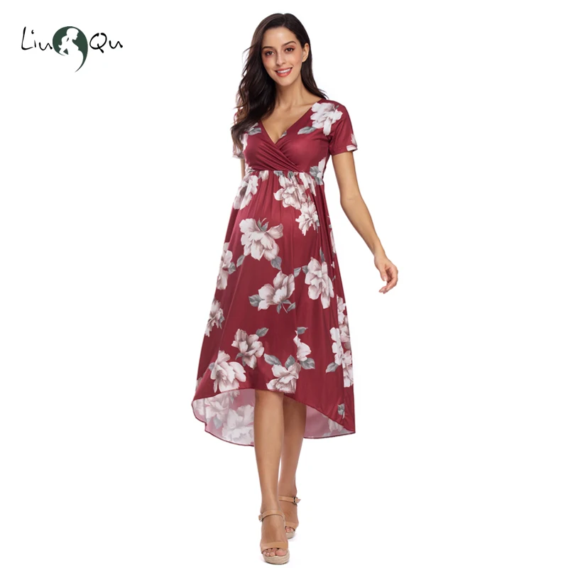 Женское асимметричное платье для беременных с v-образным вырезом и принтом