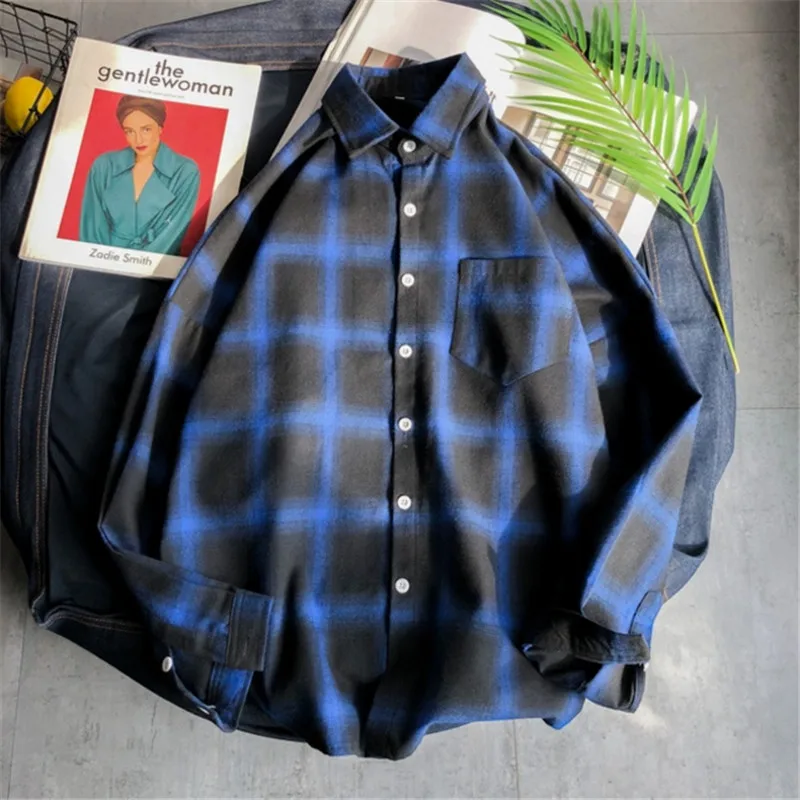 Spring Autumn Male Plaid Shirts INS Style White Red Black Long Sleeve Oversized Simple Top Shirt Plus Size | Мужская одежда