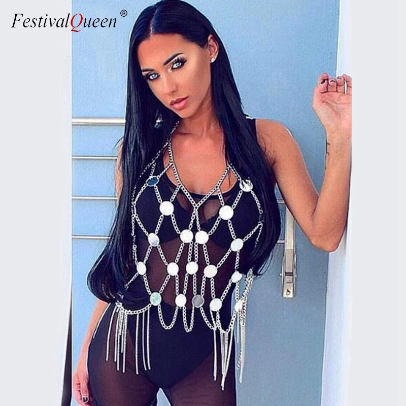 FestivalQueen crazy acrylic sequin сверкающая блестка топики женские металлические цепи Холтер спинки вечерние Клубные кроп Топы золото серебро