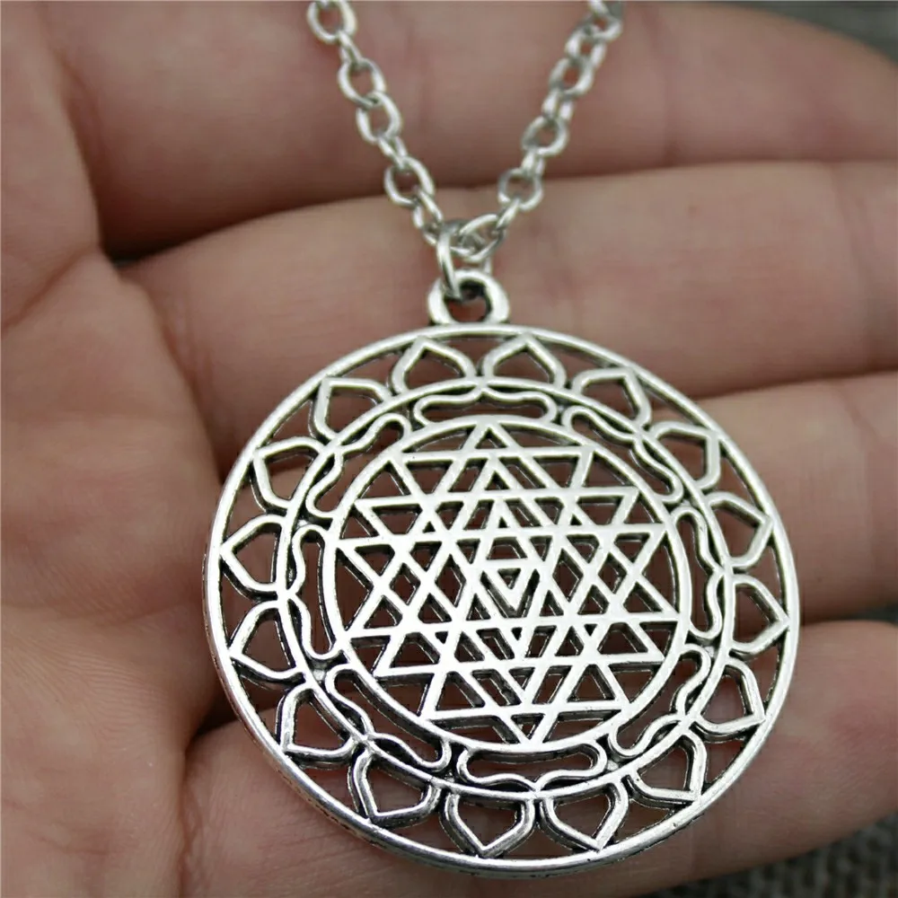 Silver Plated Tone 44x40mm Sri Yantra Pattern Pendant Necklace For Women 2019 Vintage Jewelry Gift Dropshipping